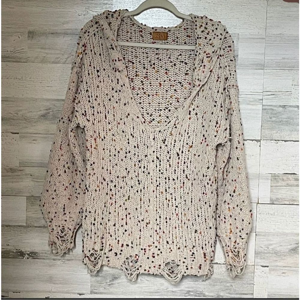 POL speckles oversized distressed knit vneck hoodie cream, loose sleeves, 100% p